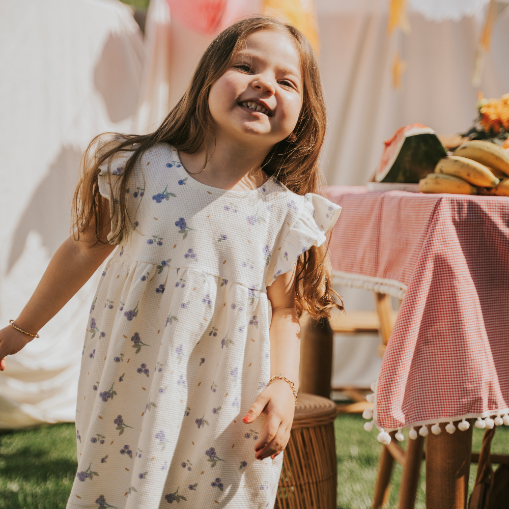 Kiraz Kids Yabanmersini Desenli %100 Pamuklu Kol Detaylı Elbise