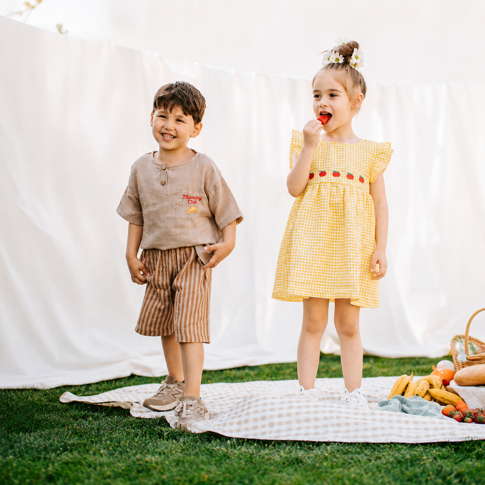 Kiraz Kids Morning Club Kruvasan Nakış Detaylı Müslin Set Kahverengi