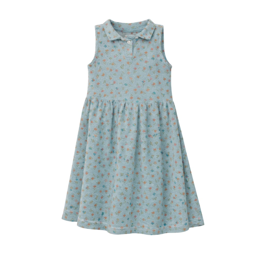 Kiraz Kids Yaka Detaylı Havlu Kumaş Lale Desenli Mavi Renk Elbise