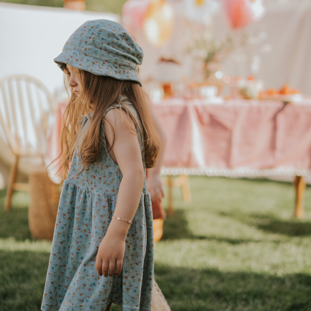 Kiraz Kids Yaka Detaylı Havlu Kumaş Lale Desenli Mavi Renk Elbise