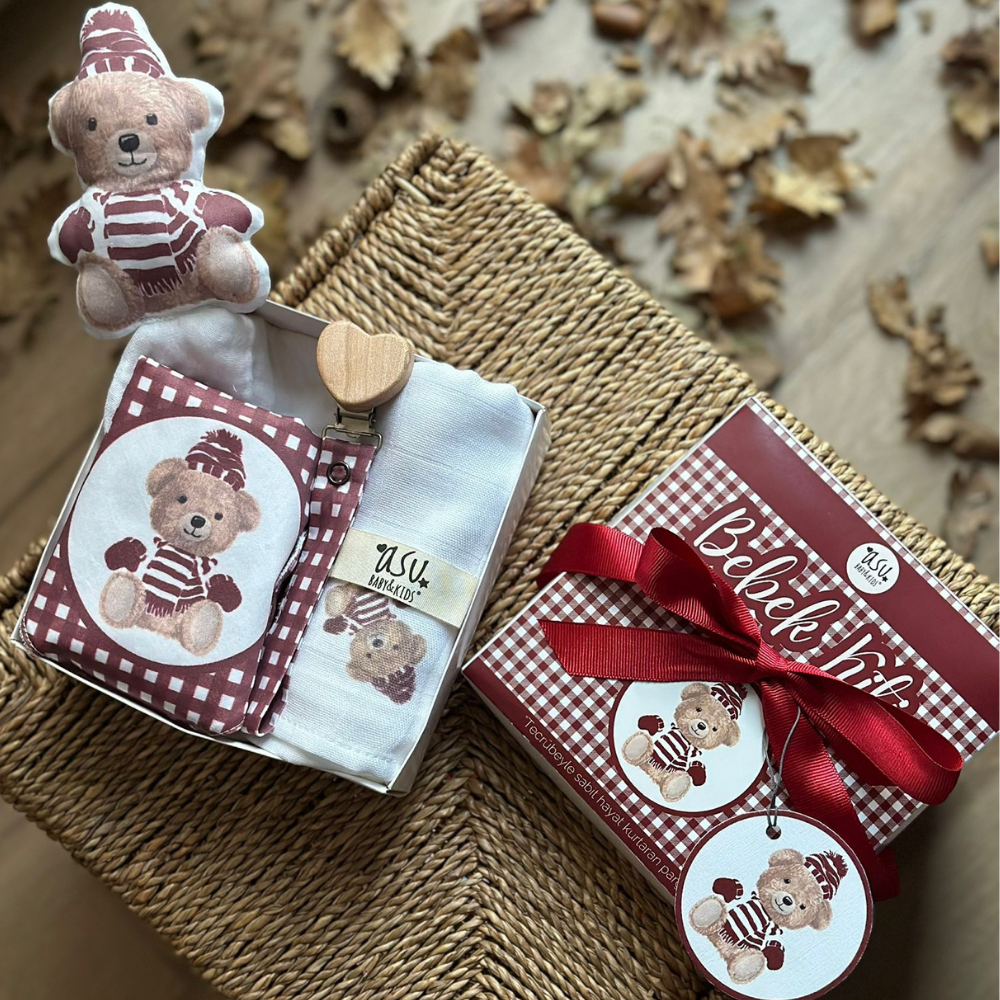Asu Baby Vintage Bear Bordo Organik Pamuk Hediye Bebek Kiti