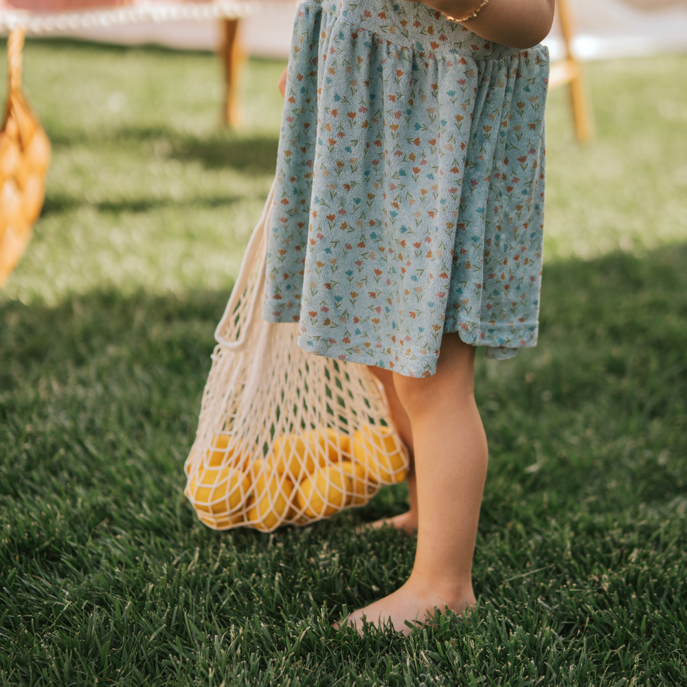 Kiraz Kids Yaka Detaylı Havlu Kumaş Lale Desenli Mavi Renk Elbise