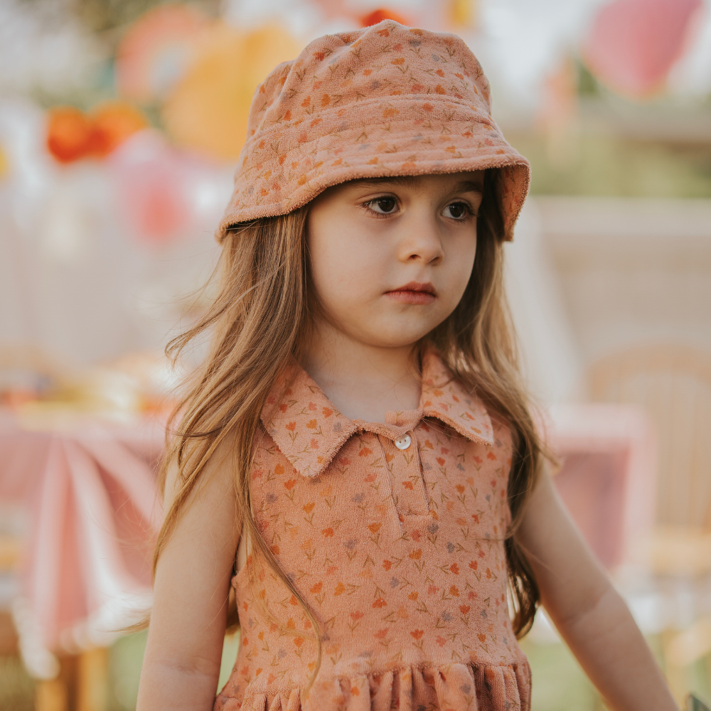 Kiraz Kids Yaka Detaylı Havlu Kumaş Lale Desenli Somon Renk Elbise