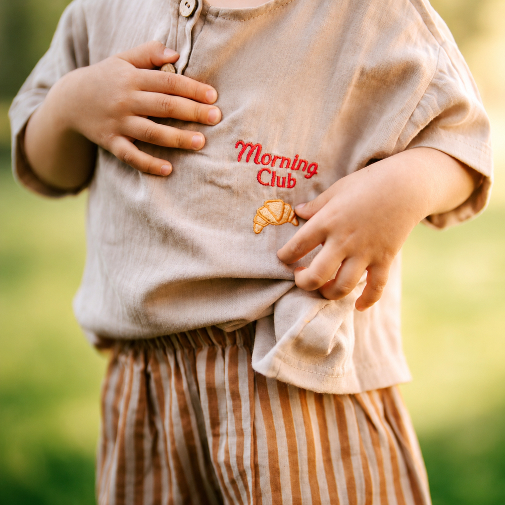 Kiraz Kids Morning Club Kruvasan Nakış Detaylı Müslin Set Kahverengi
