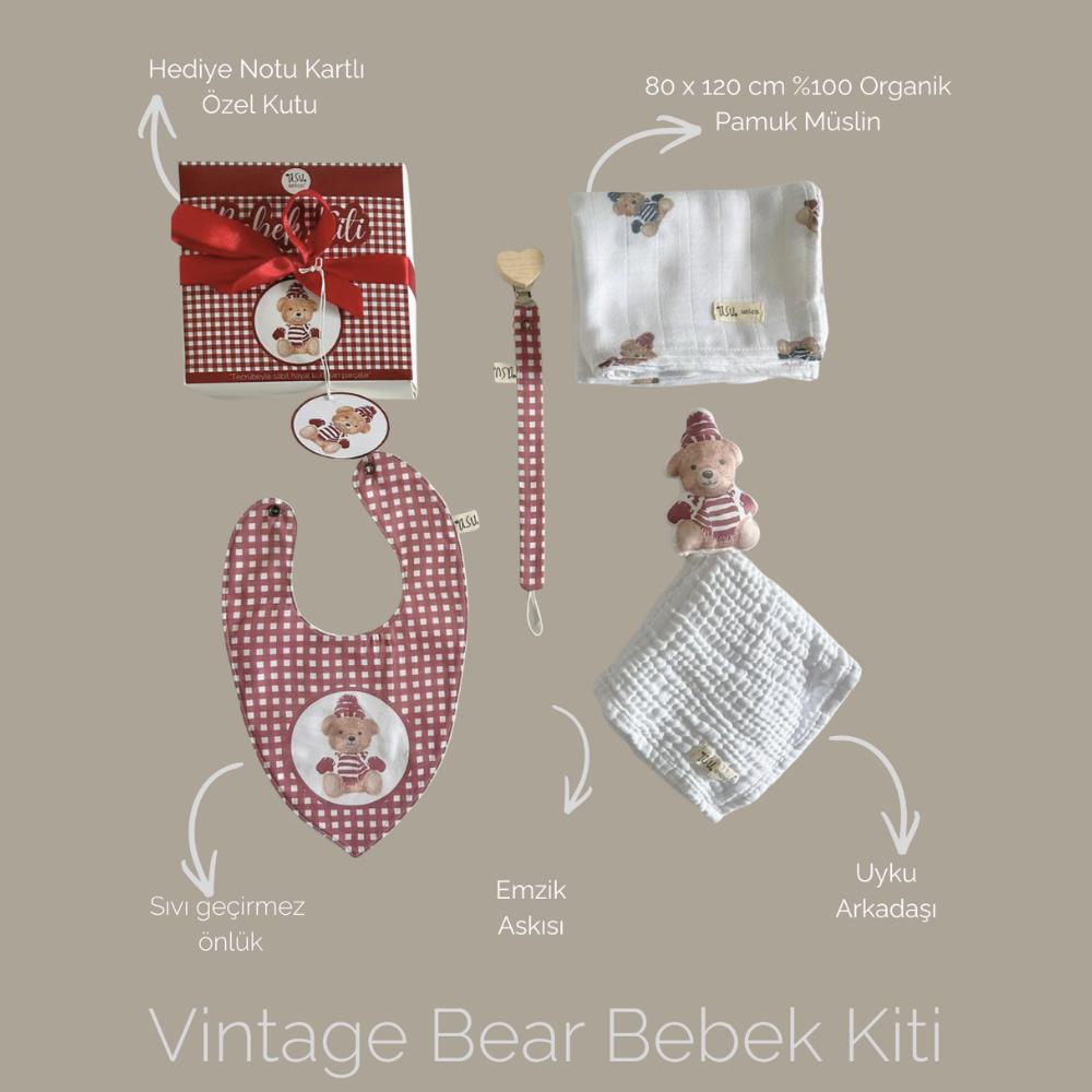Asu Baby Vintage Bear Bordo Organik Pamuk Hediye Bebek Kiti