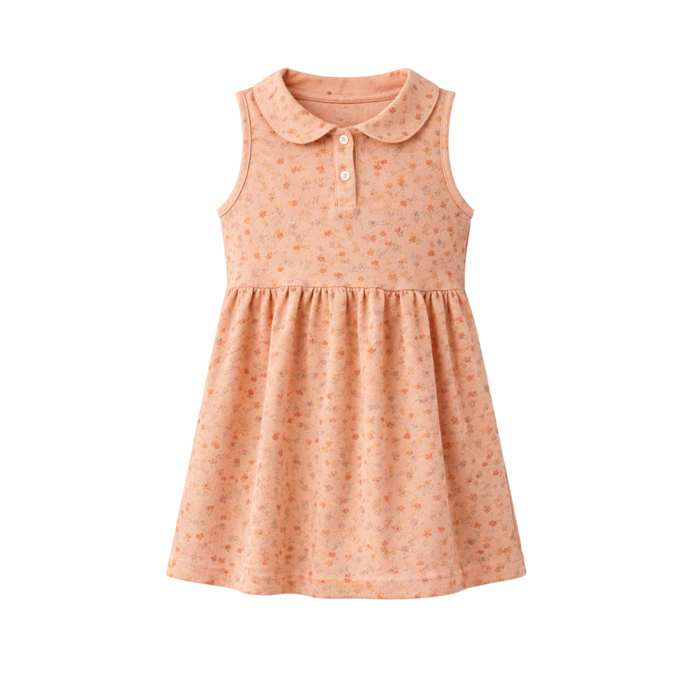 Kiraz Kids Yaka Detaylı Havlu Kumaş Lale Desenli Somon Renk Elbise