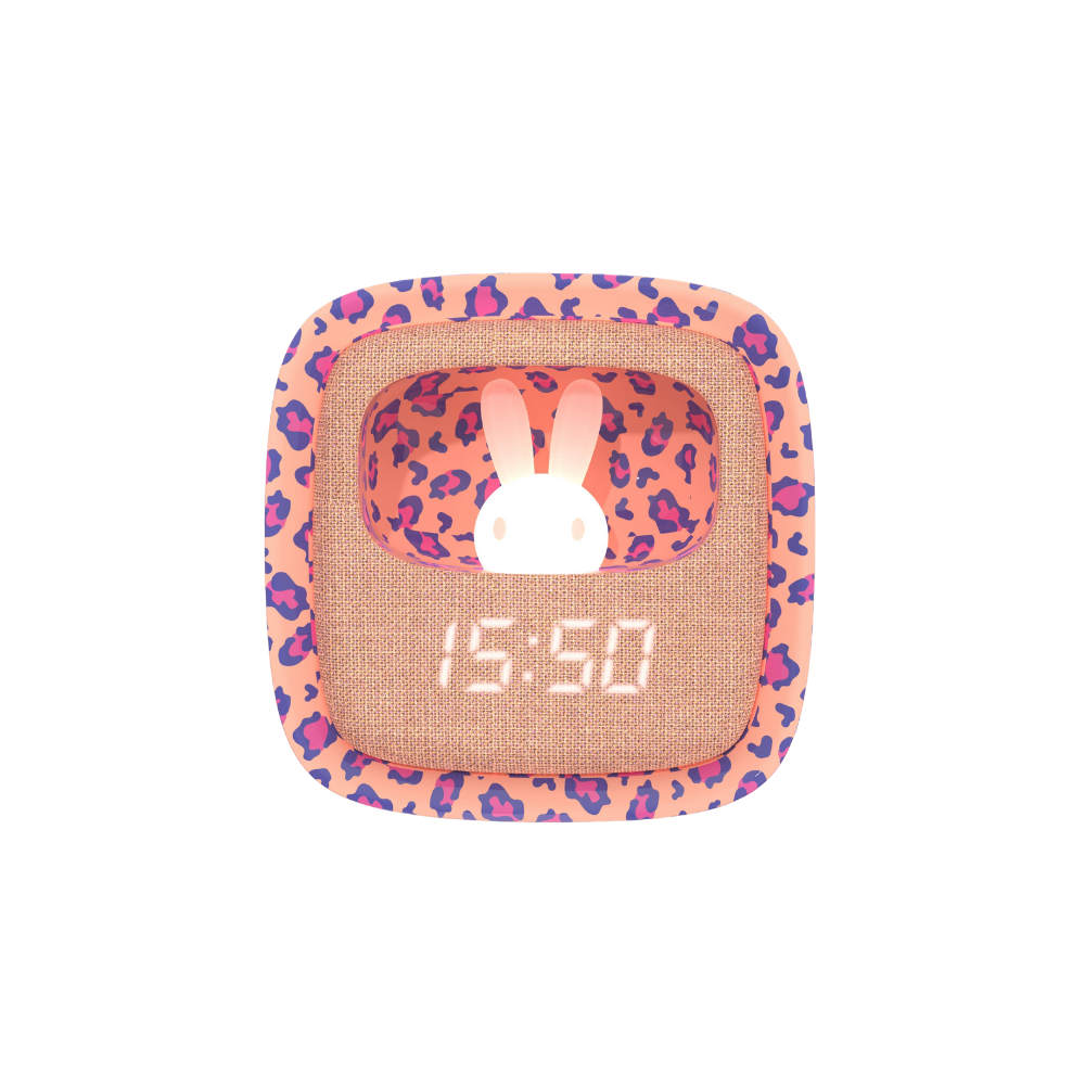 Mob Pembe Leopar Desenli Tavşan Masaüstü Saati ve Gece Lambası