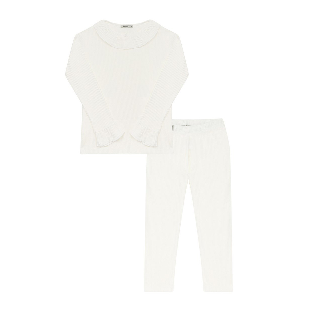 All White Jacquard Rib Uzun Kollu Pijama Takımı
