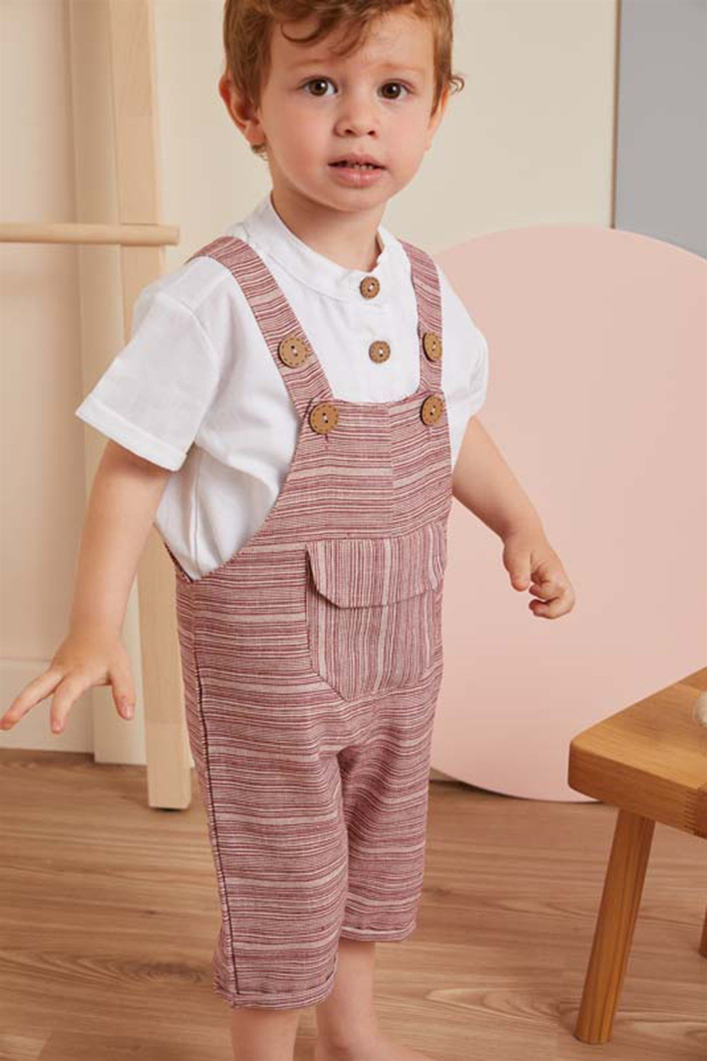 Baby Joko Unisex Bordo Çizgili Kapri Tulum