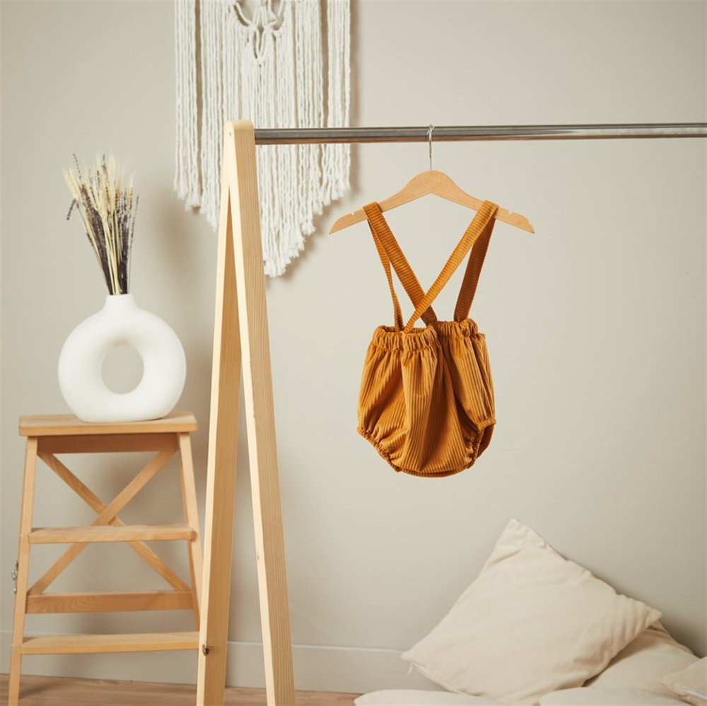 Baby Joko - Unisex Çocuk Hardal Rengi Askılı Yumuşak Fitilli Kadife Askılı Romper