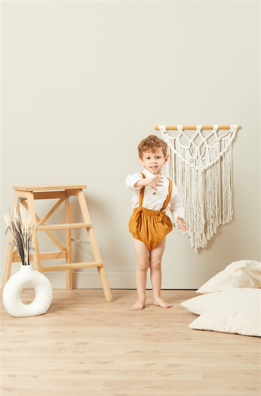 Baby Joko - Unisex Çocuk Hardal Rengi Askılı Yumuşak Fitilli Kadife Askılı Romper