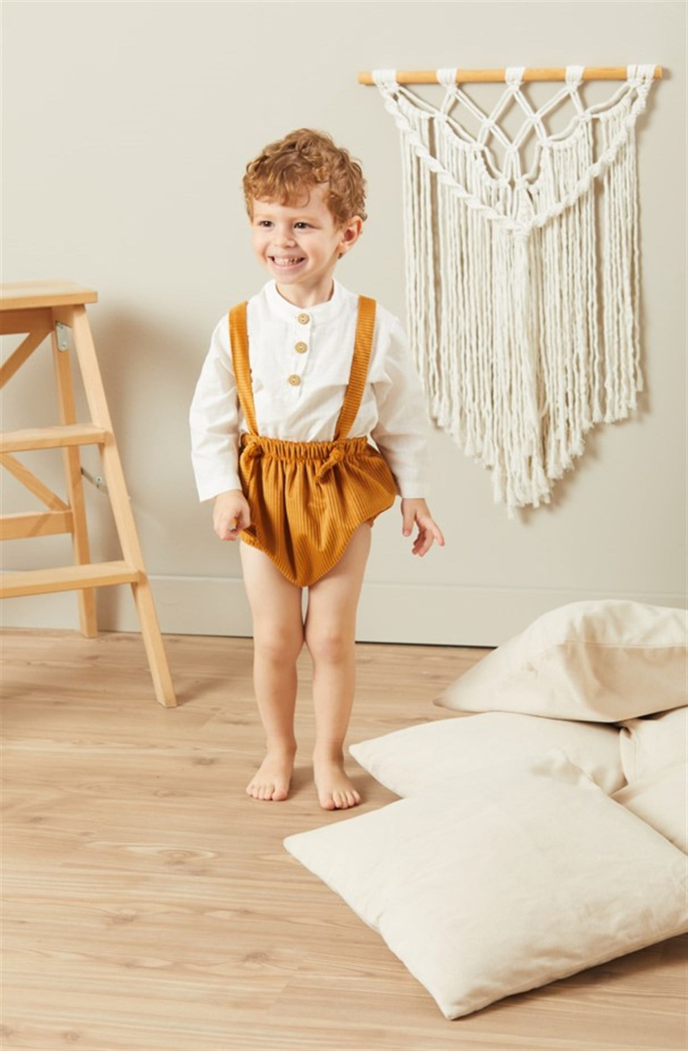 Baby Joko - Unisex Çocuk Hardal Rengi Askılı Yumuşak Fitilli Kadife Askılı Romper