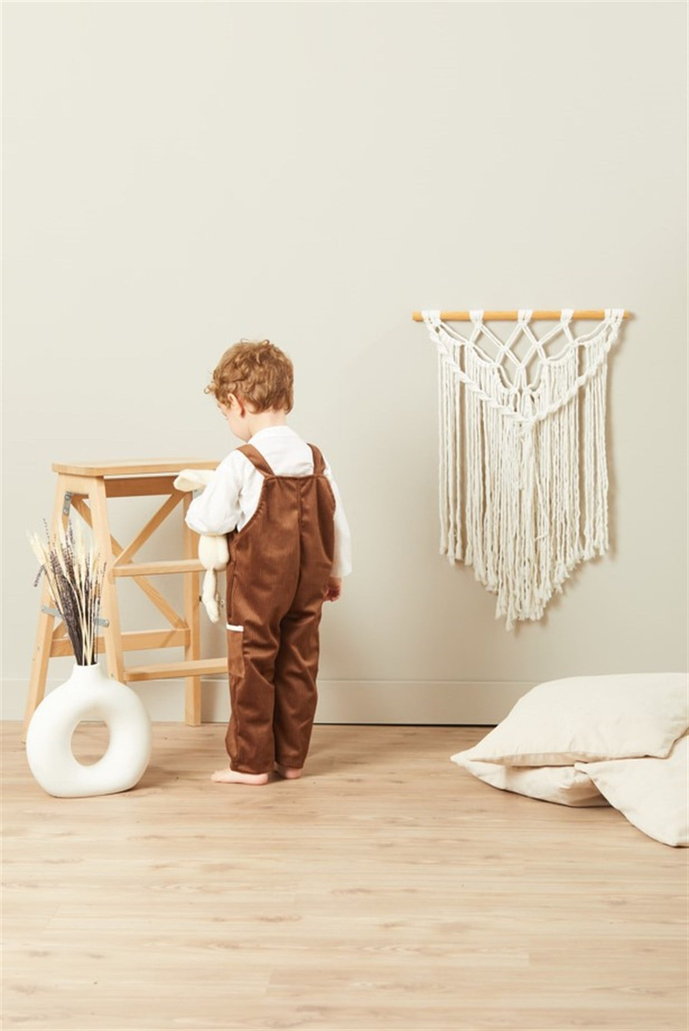 Baby Joko - Unisex Çocuk Yumuşak Fitilli Kadife Bağlamalı Yandan Cepli Kahverengi Tulum