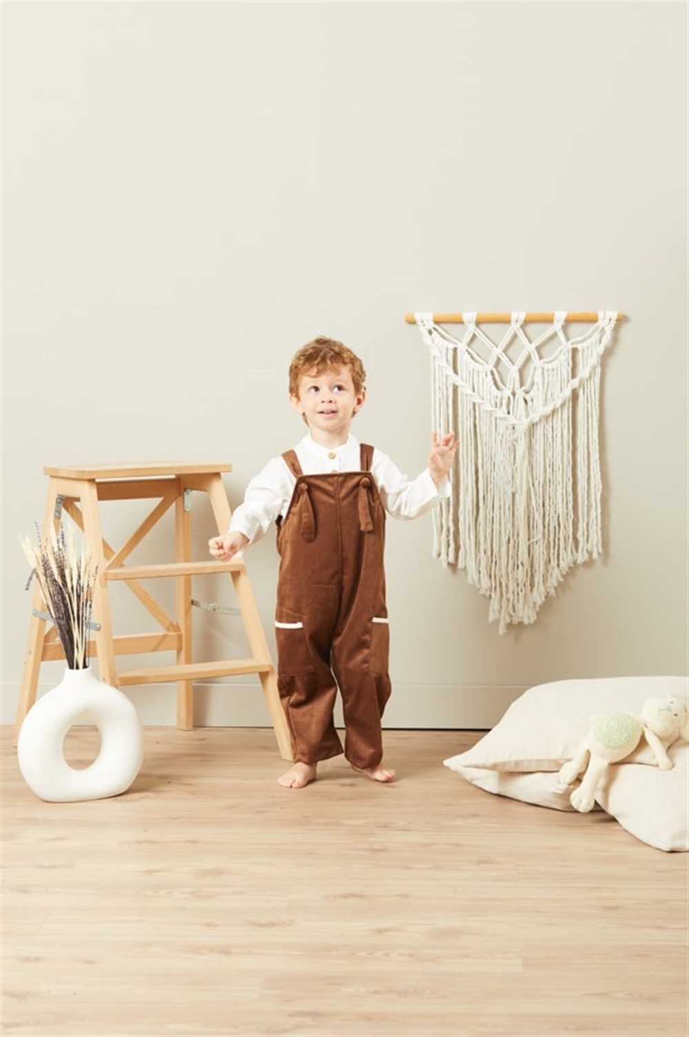 Baby Joko - Unisex Çocuk Yumuşak Fitilli Kadife Bağlamalı Yandan Cepli Kahverengi Tulum