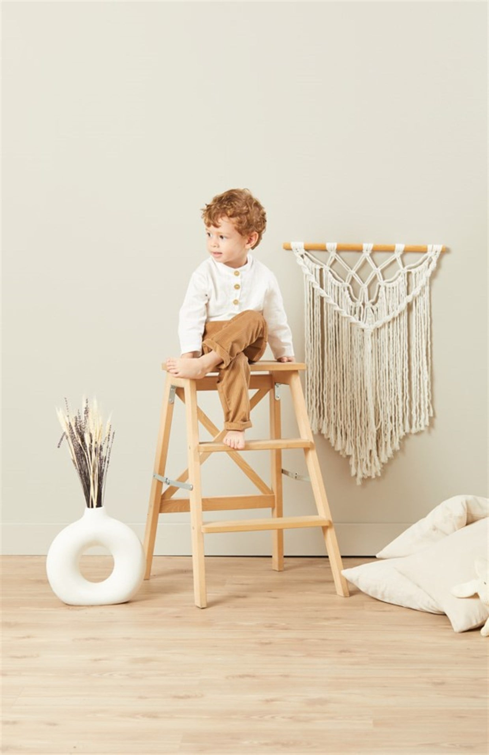 Baby Joko - Unisex Yumuşak Fitilli Kadife Yandan Coconat Düğmeli Belden Lastikli Bej Pantolon