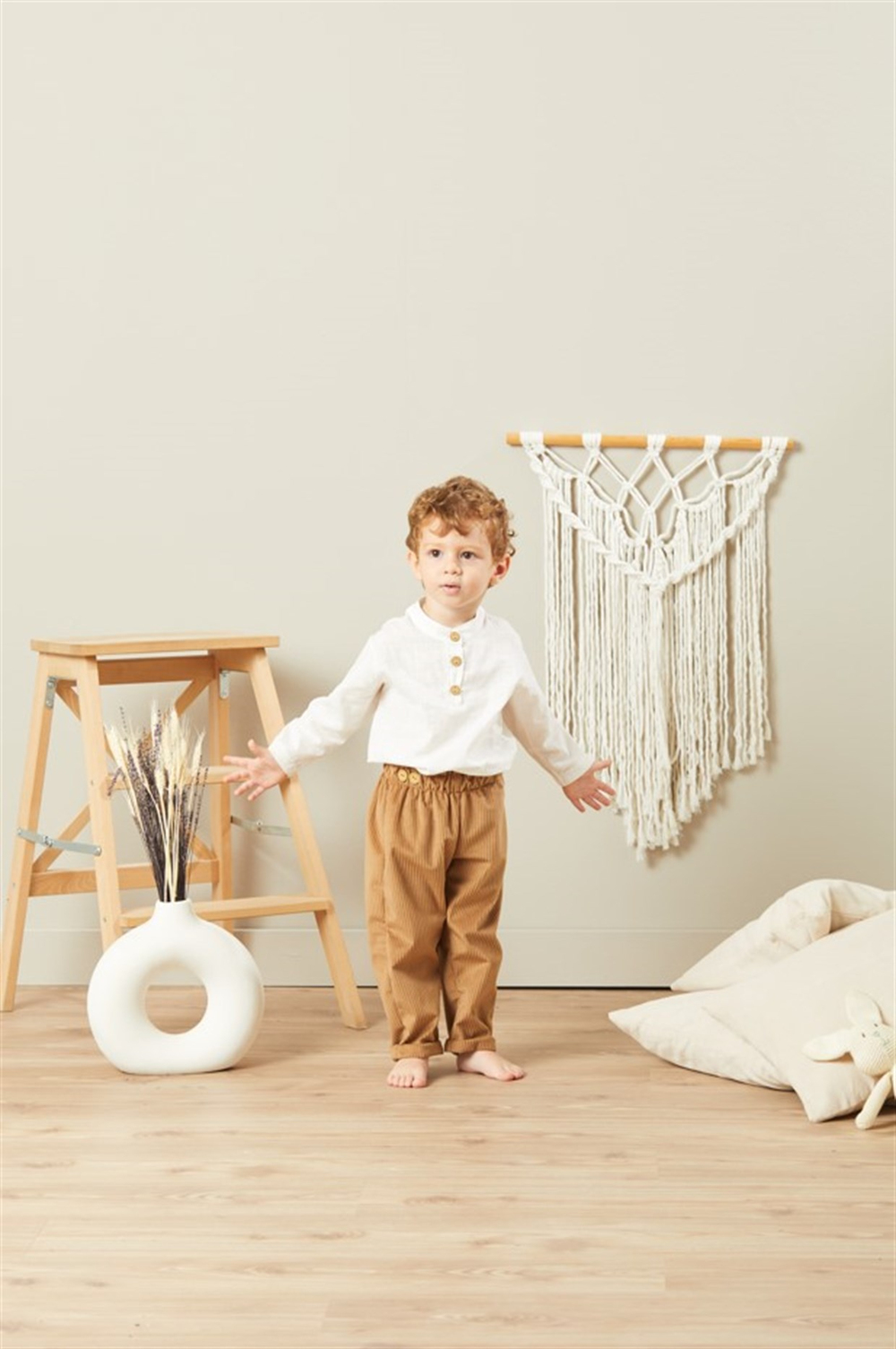 Baby Joko - Unisex Yumuşak Fitilli Kadife Yandan Coconat Düğmeli Belden Lastikli Bej Pantolon