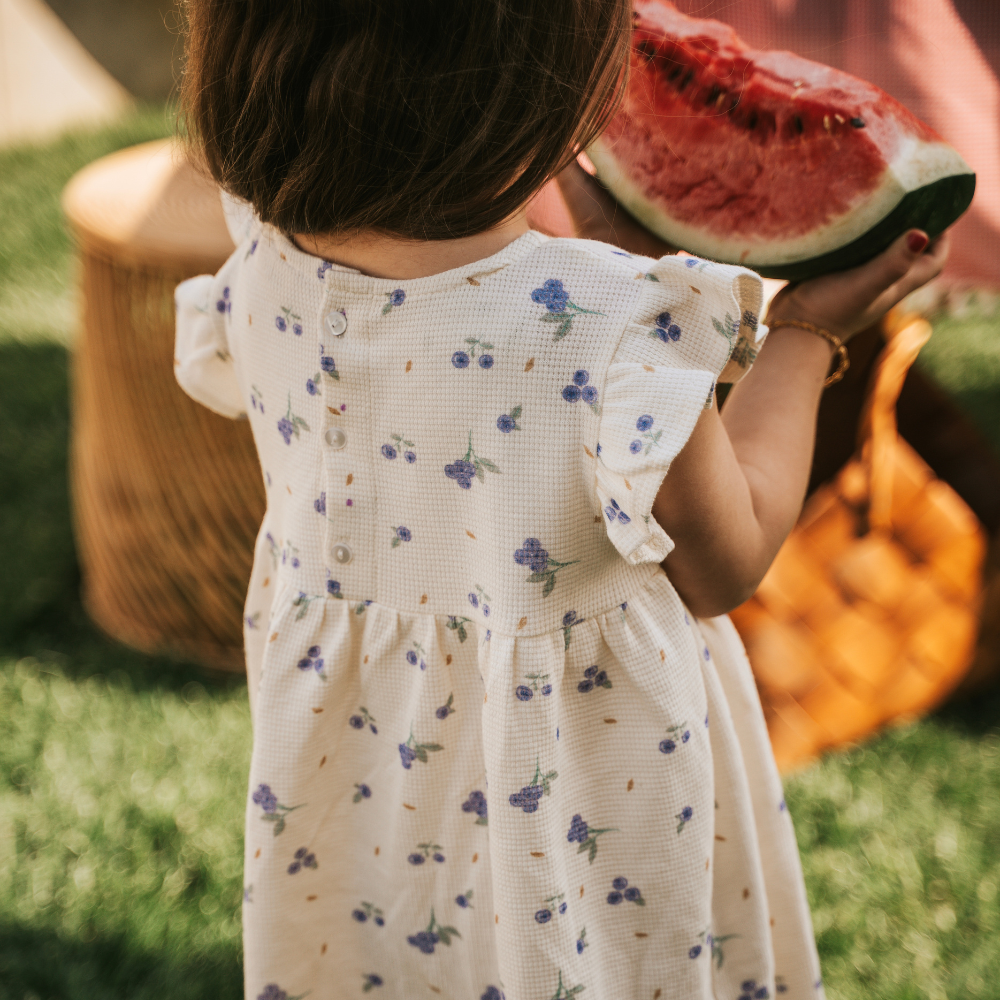 Kiraz Kids Yabanmersini Desenli %100 Pamuklu Kol Detaylı Elbise