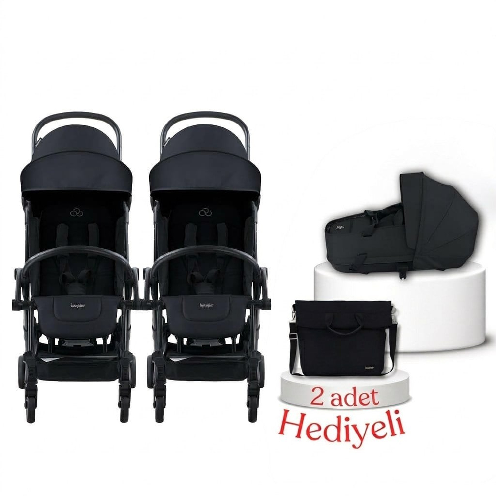 Bumprider Connect³ İkiz Bebek Arabası ve Portbebe Seti – Black | Yan Bakım Çantası Hediyeli