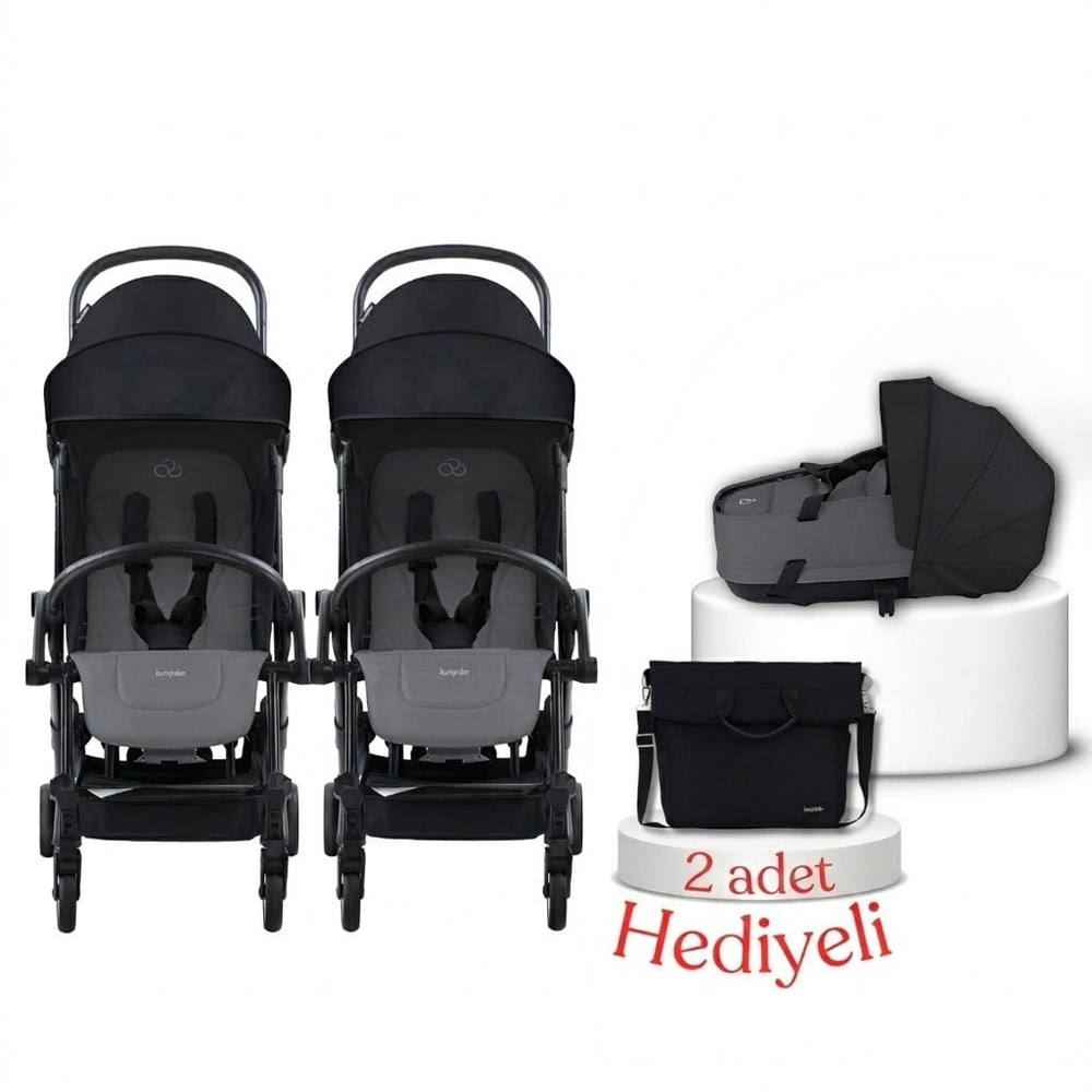 Bumprider Connect³ İkiz Bebek Arabası ve Portbebe Seti – Black & Grey Melange | Yan Bakım Çantası Hediyeli