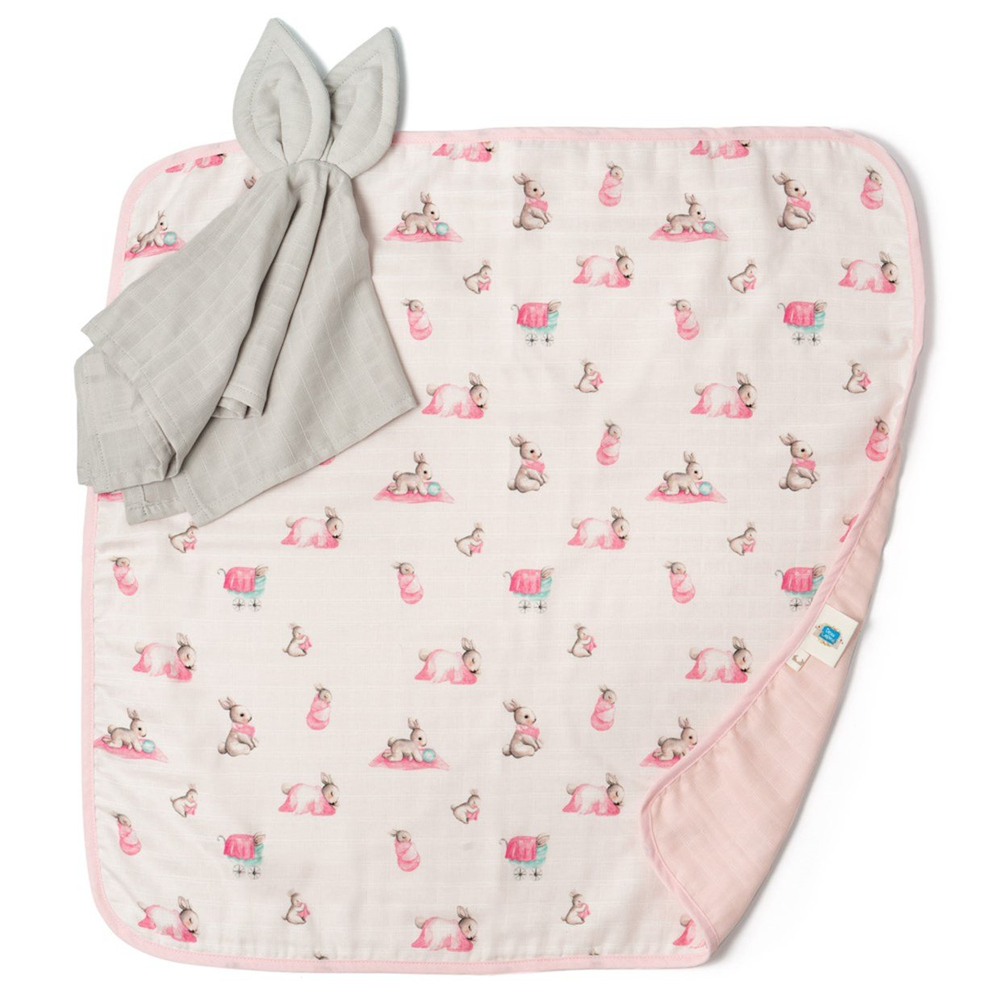 Deux Lapin Bébé Lapin Rose Çift Kat Müslin Battaniye