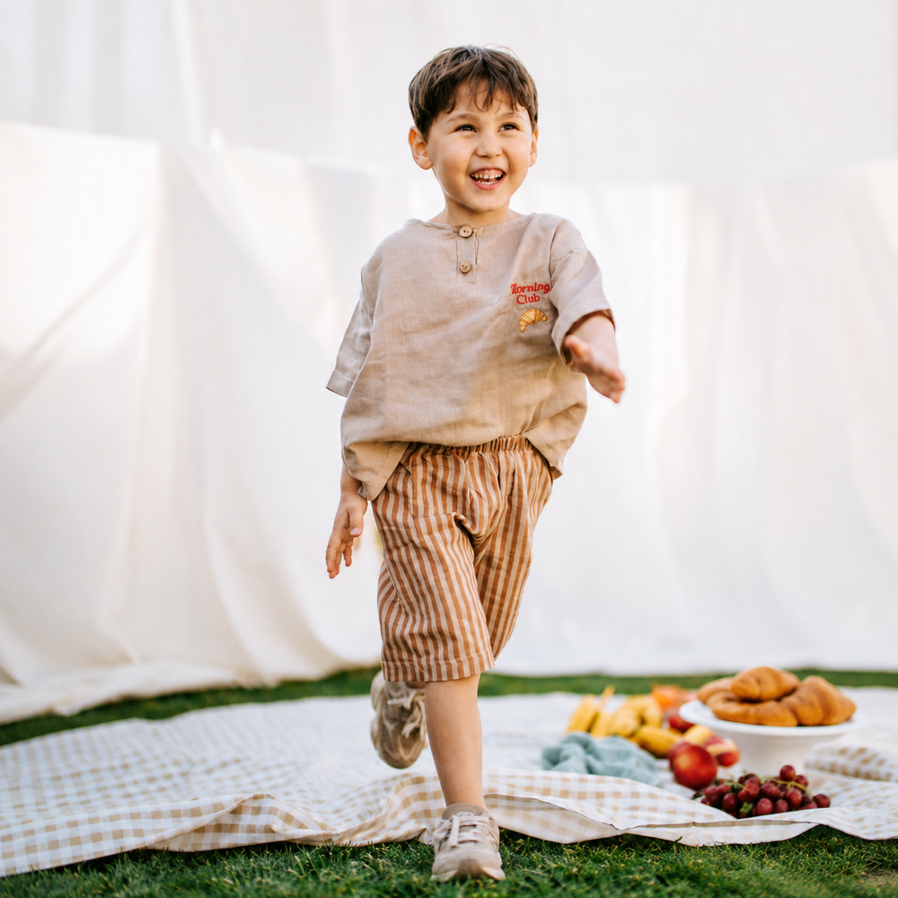 Kiraz Kids Morning Club Kruvasan Nakış Detaylı Müslin Set Kahverengi