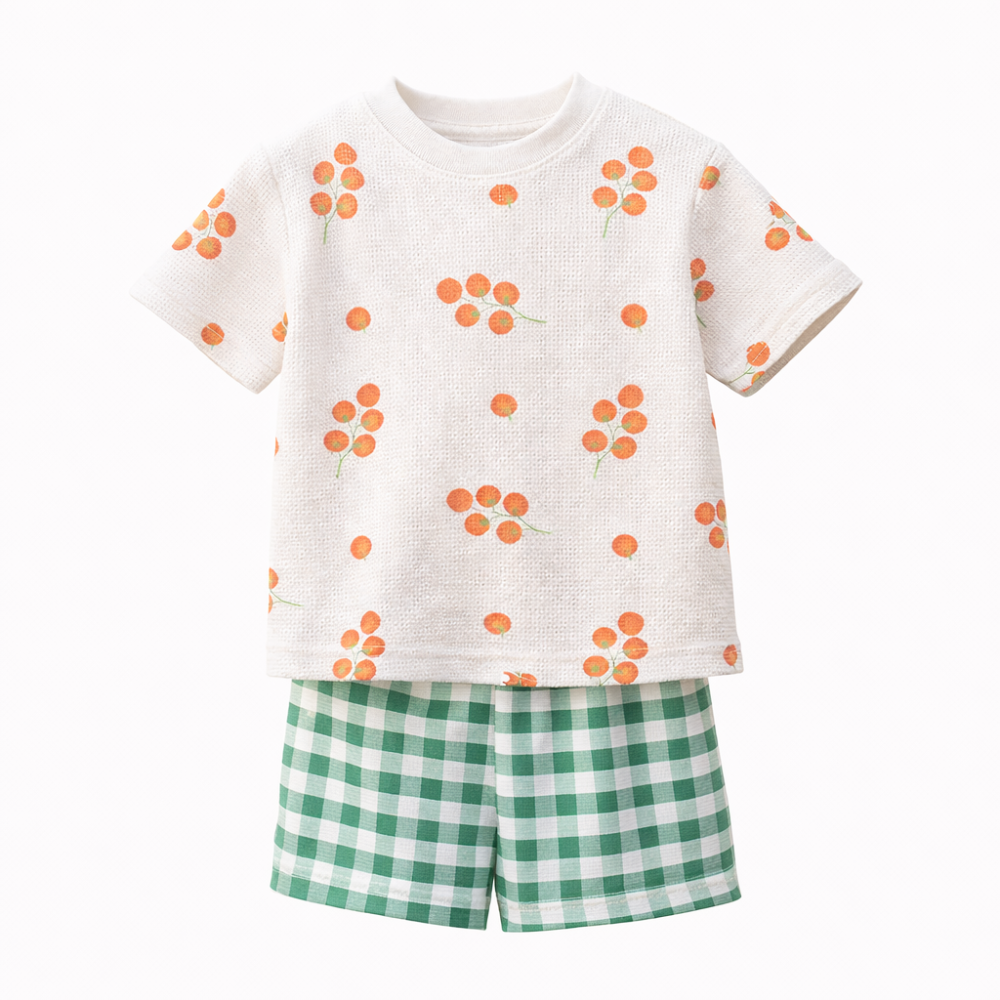 Kiraz Kids Domates Desenli Tshirt Pötikare Desenli Şort %100 Pamuklu Yazlık Takım