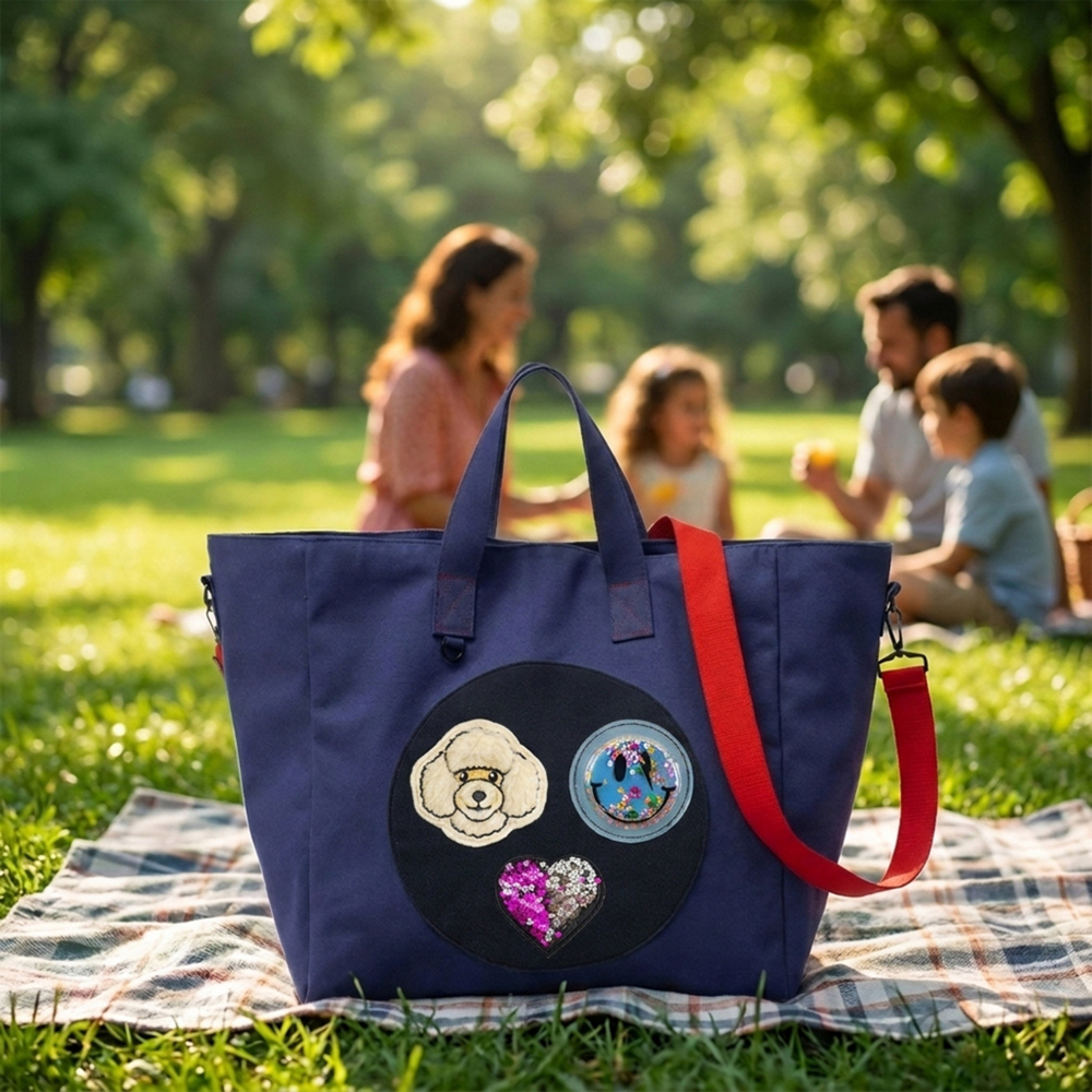 JantiFox Lacivert Kanvas Tote Bag | Köpek - Gülenyüz - Değişken Kalp