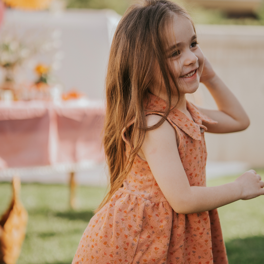 Kiraz Kids Yaka Detaylı Havlu Kumaş Lale Desenli Somon Renk Elbise