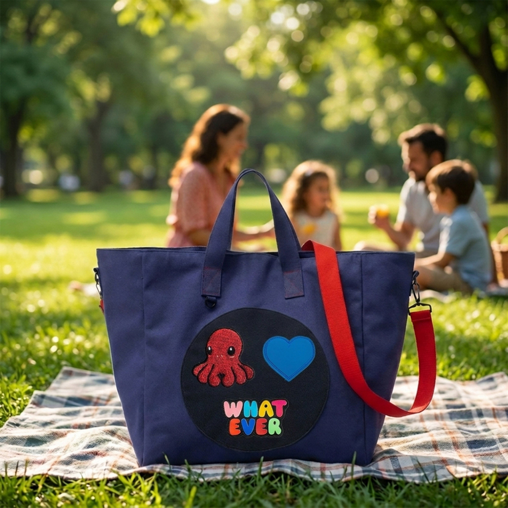 JantiFox Lacivert Kanvas Tote Bag | Ahtapot - Kalp- Whatever 