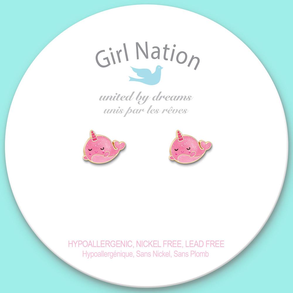 Girl Nation Cutie Studs Glitter Pink Narwhal Küpe