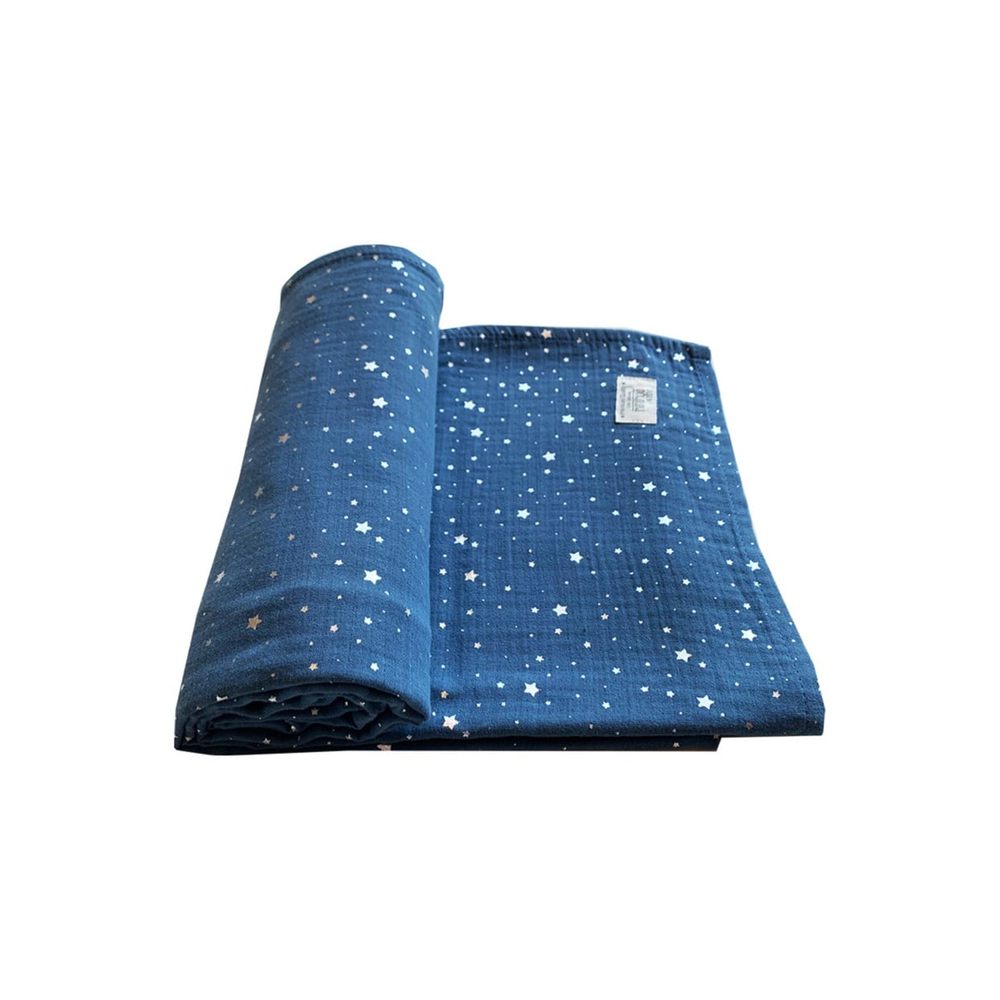 INDIGO & GÜMÜŞ YILDIZLI MÜSLİN ÖRTÜ