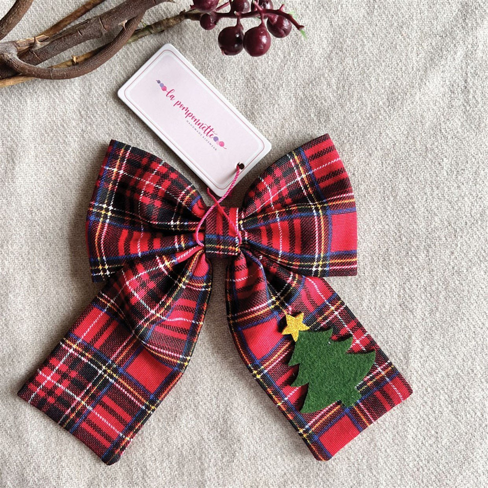 La Pomponette Çam Ağaçlı Ekose Keten Yılbaşı Tokası