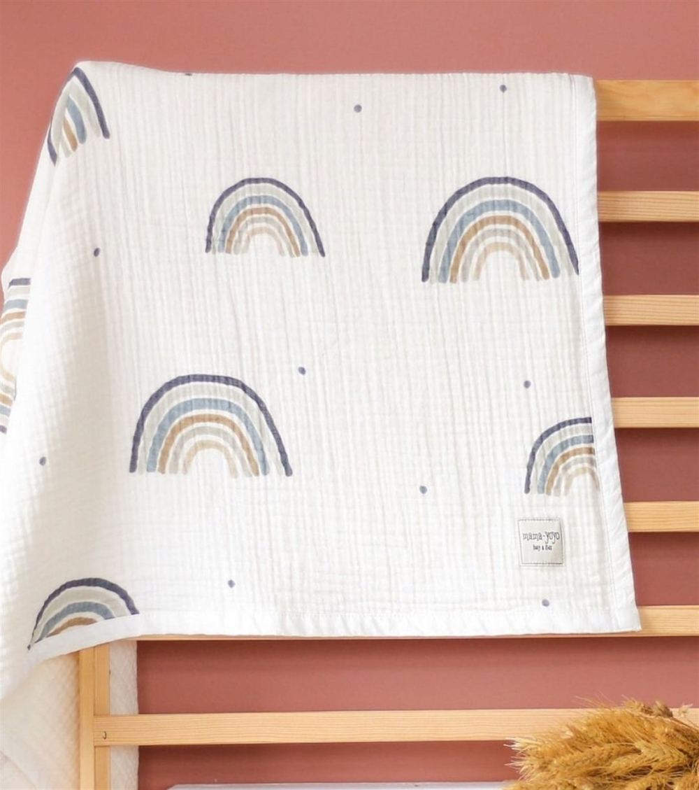 Mama Yoyo Organik Müslin Bebek Battaniyesi Rainbow Blue