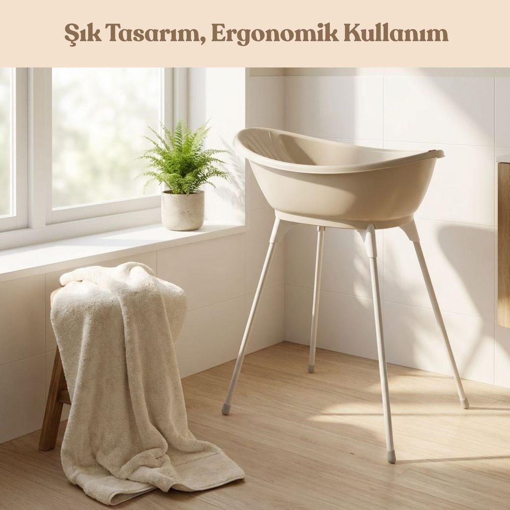 OKBaby Bebek Banyo Seti Bella Dijital Termometreli Çift Yönlü Küveti & Küvet Taşıyıcı Bej
