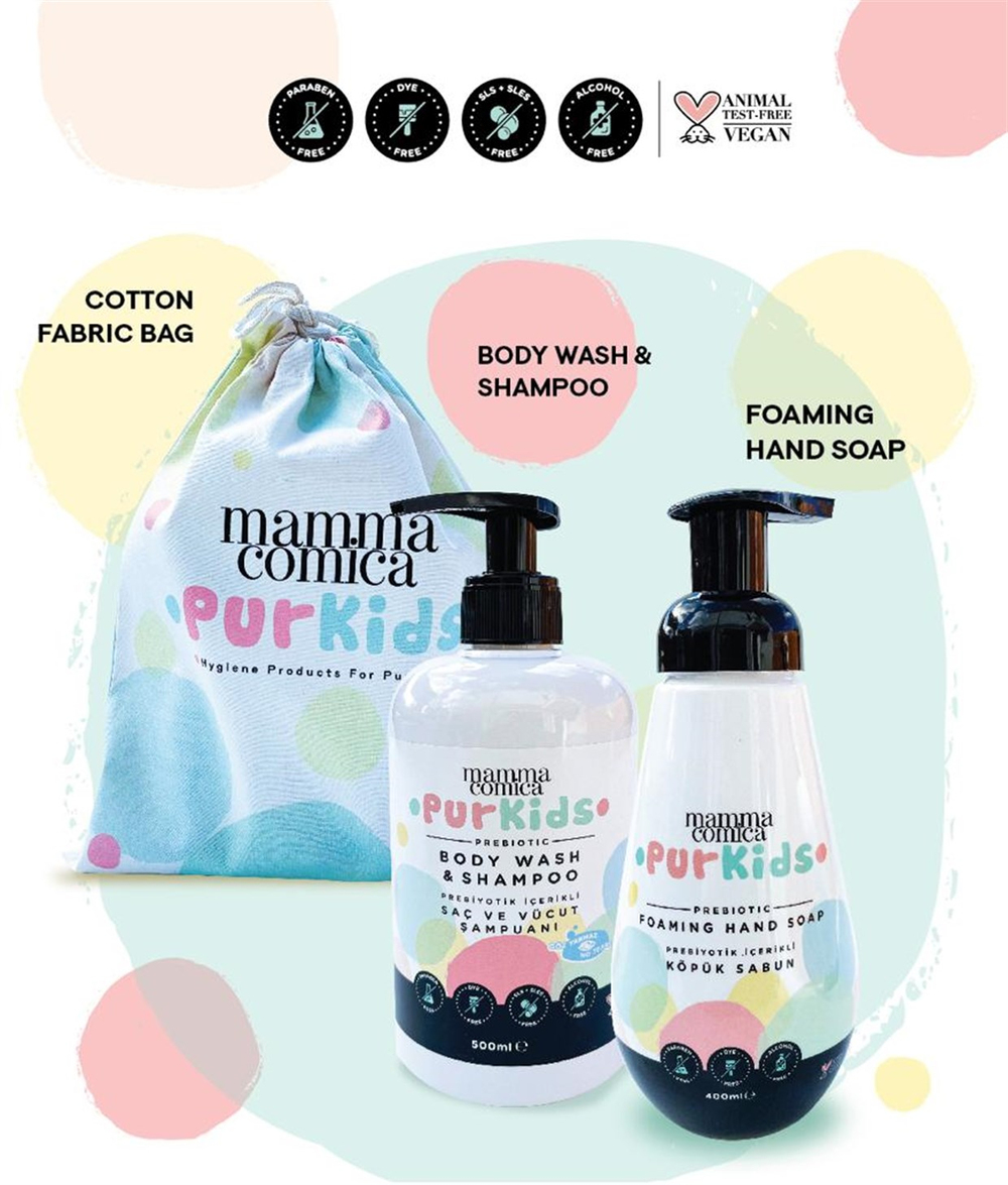 PurKids by Mammacomica Prebiyotikli Saç ve Çocuk Şampuanı 500ml ve Köpük El Sabun 400ml