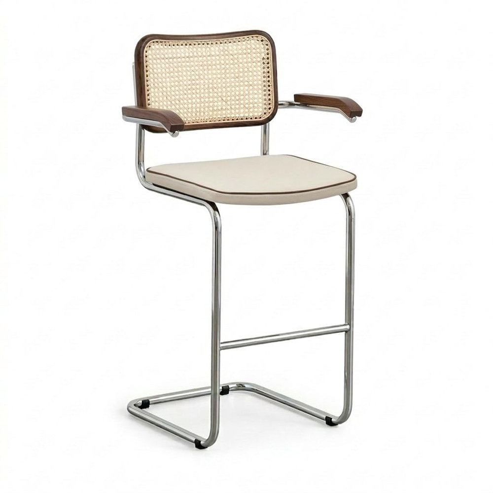 Kastra Cesca Çektirmeli Deri Minderli Kollu Bar Sandalyesi - Koyu Ceviz 