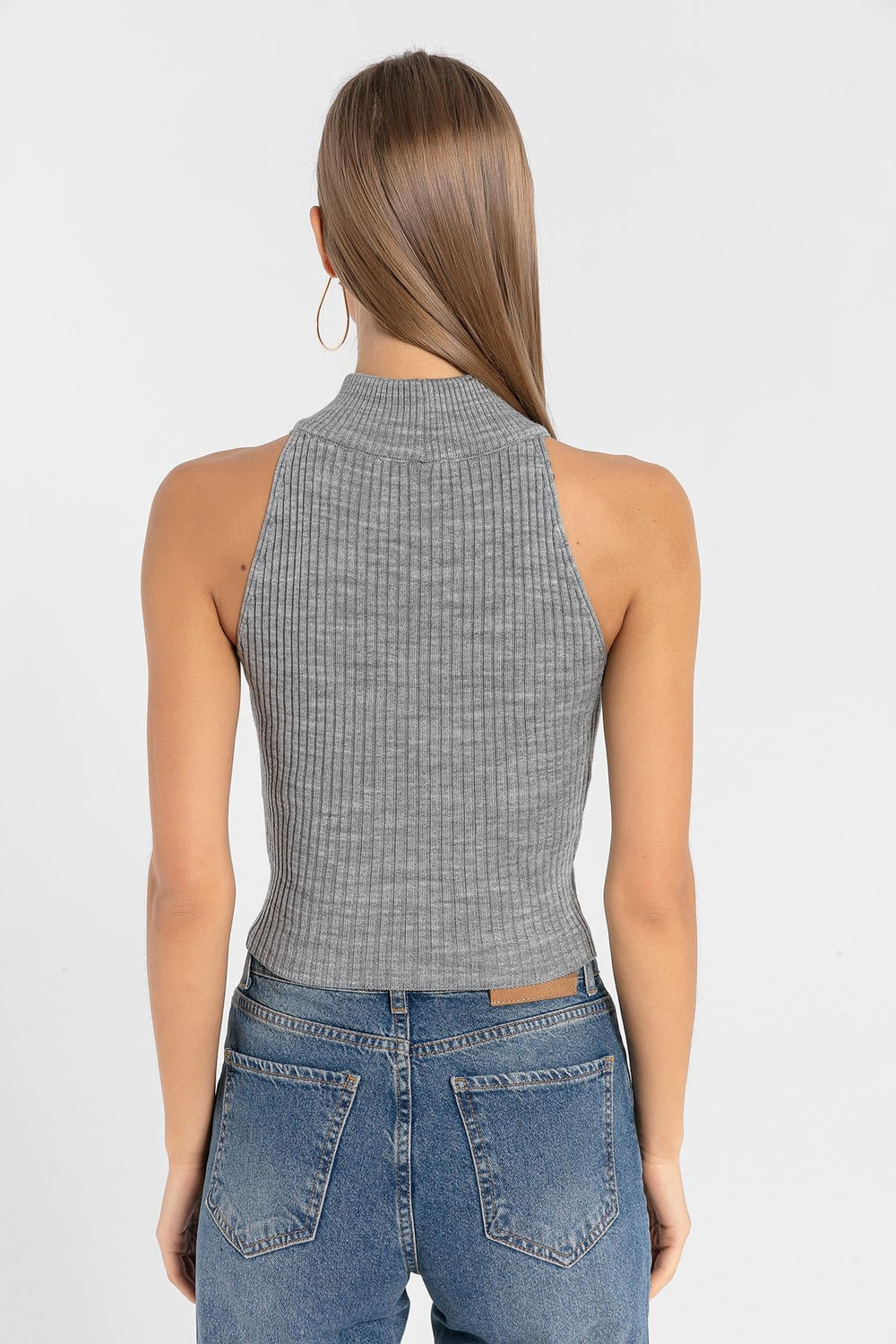 Kadın Kolsuz Slim Fit Boğazlı Fitilli Kısa Antrasit Triko Crop