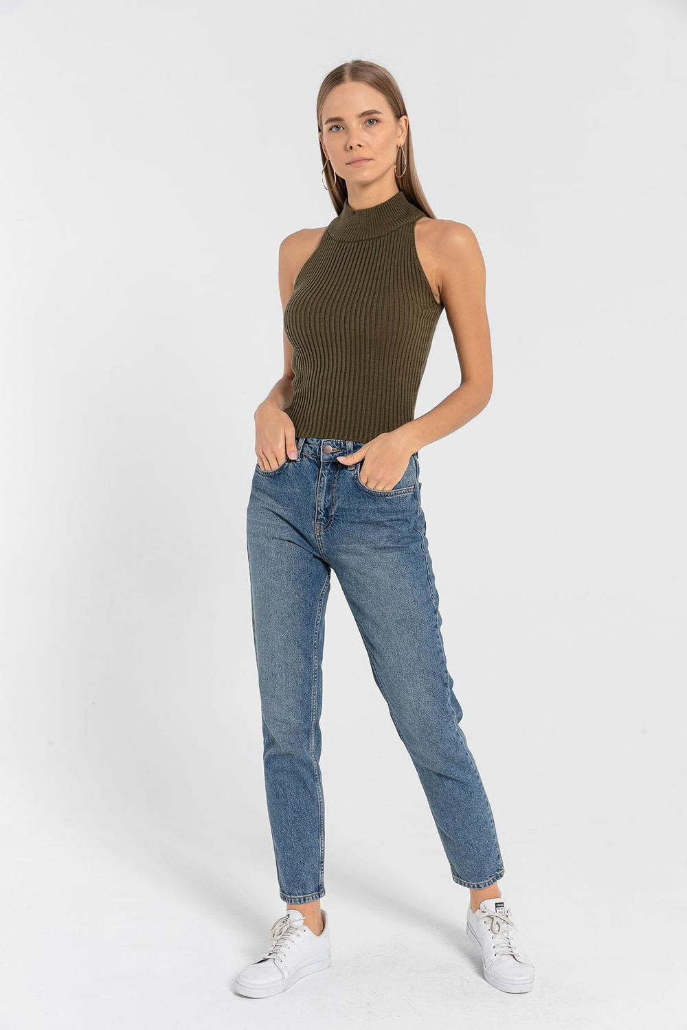 Kadın Kolsuz Slim Fit Boğazlı Fitilli Kısa Antrasit Triko Crop