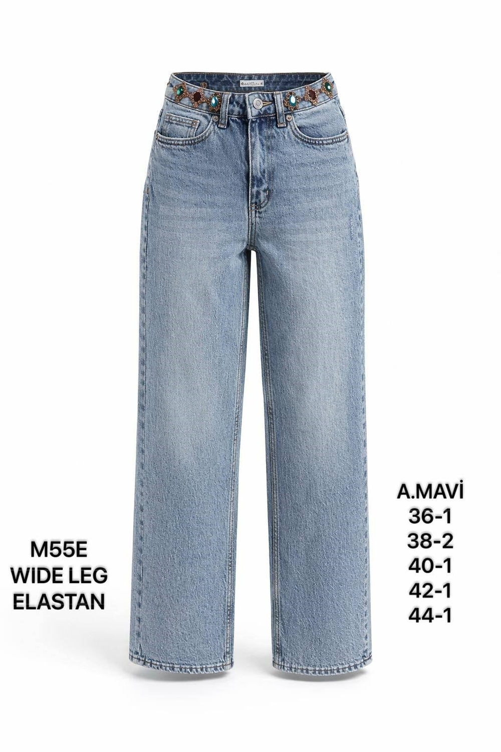 Kadın A.Mavi Taş Detaylı Yüksek Bel Wide Leg Jean Pantolon-26Y01M55E-39