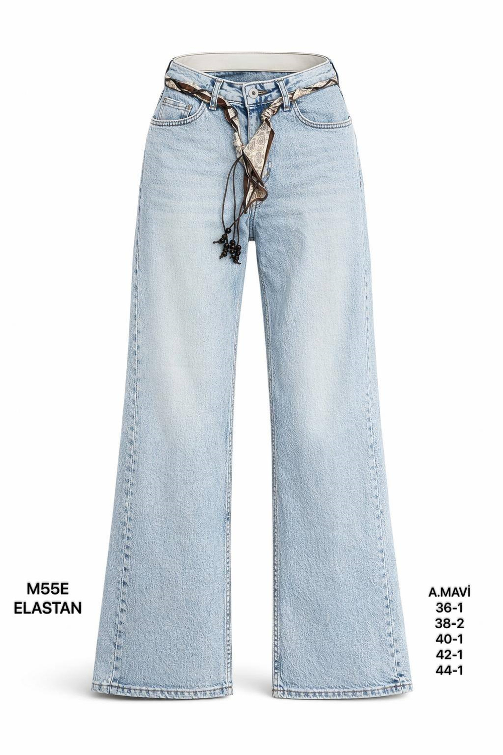 Kadın Açık Mavi Kemer Detaylı Yüksek Bel Wide Leg Jean Pantolon-26Y01M55E-5