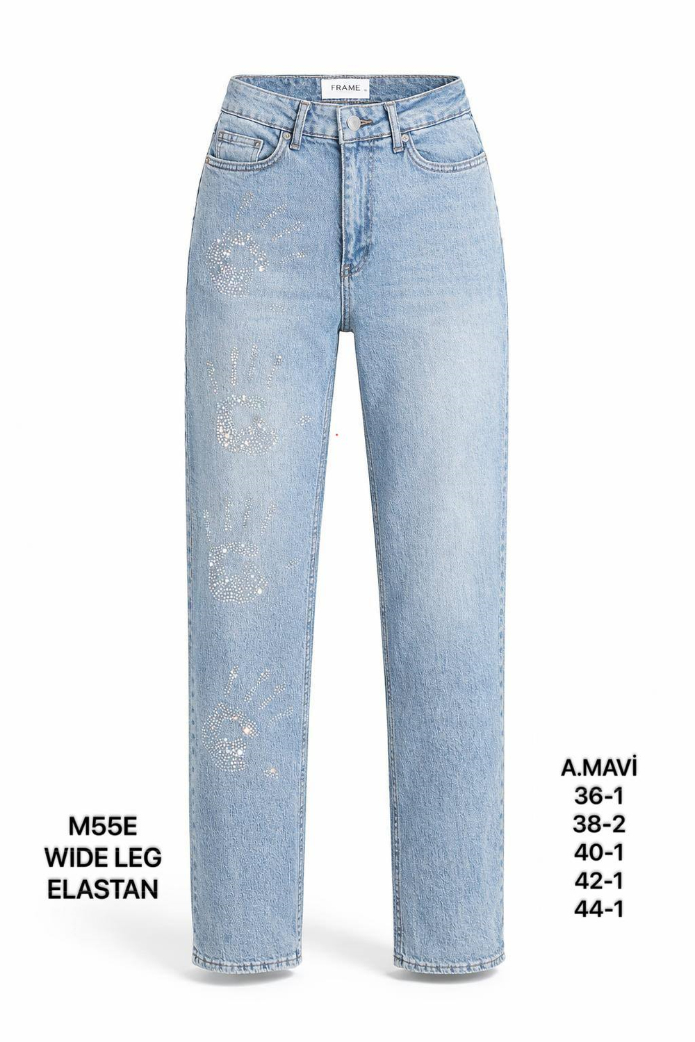 Kadın Açık Mavi Taşlı Yüksek Bel Wide Leg Jean Pantolon-26Y01M55E-2