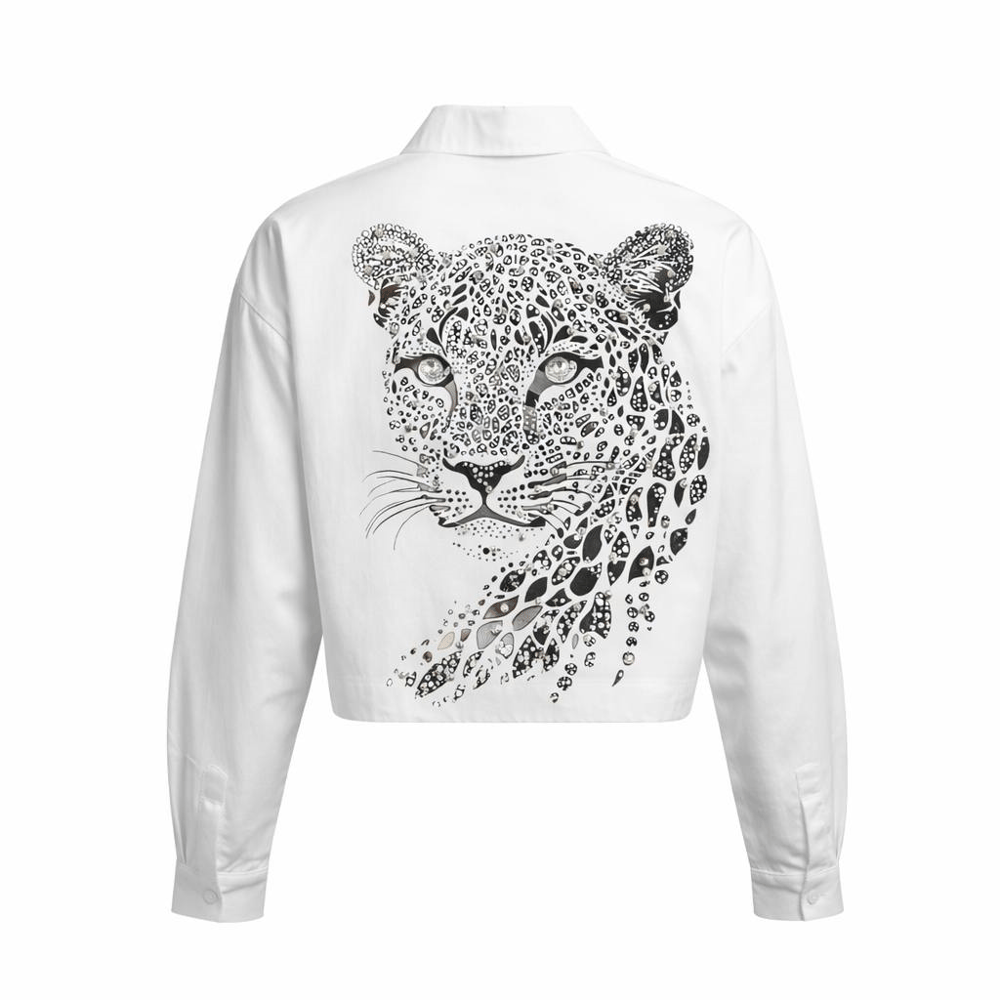 Kadın Beyaz Arkası Leopar Baskılı Crop Gömlek