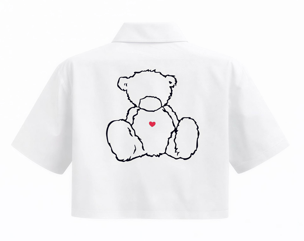 Kadın Beyaz Ön Arka Ayıcık Desenli Kısa Kol Crop Gömlek