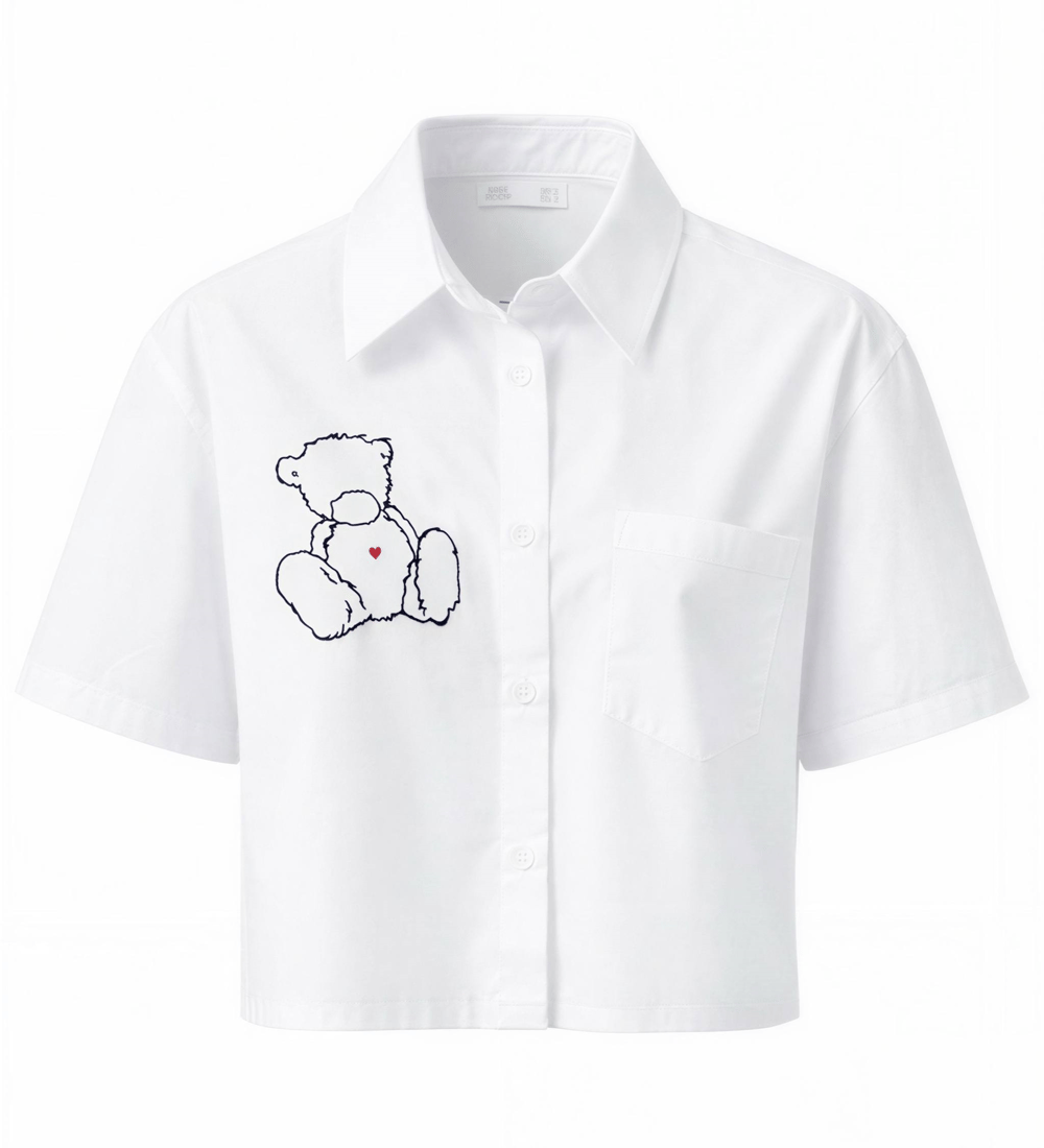 Kadın Beyaz Ön Arka Ayıcık Desenli Kısa Kol Crop Gömlek