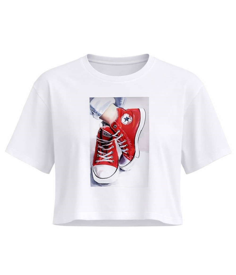 Kadın Beyaz Sneaker Baskılı Pamuklu Crop Tişört-15510-7