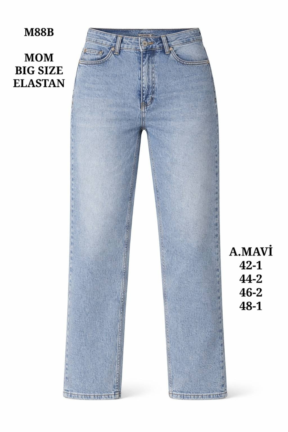 Kadın Büyük Beden Likralı Mom Fit A.Mavi Denim Pantolon-M88B