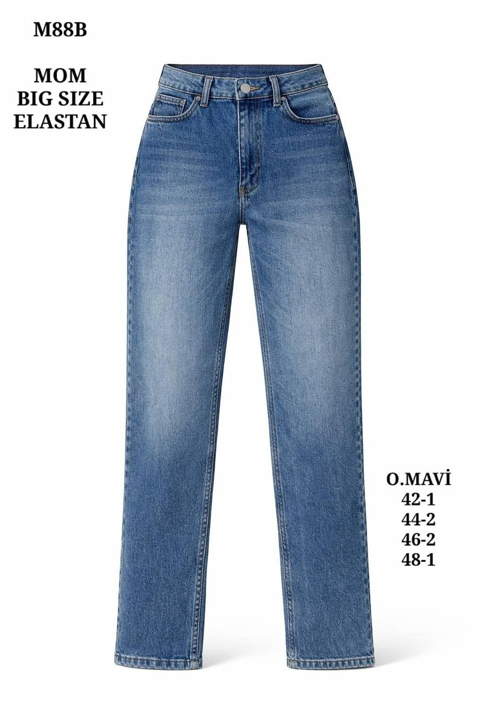 Kadın Büyük Beden Likralı Mom Fit Mavi Denim Pantolon-M88B