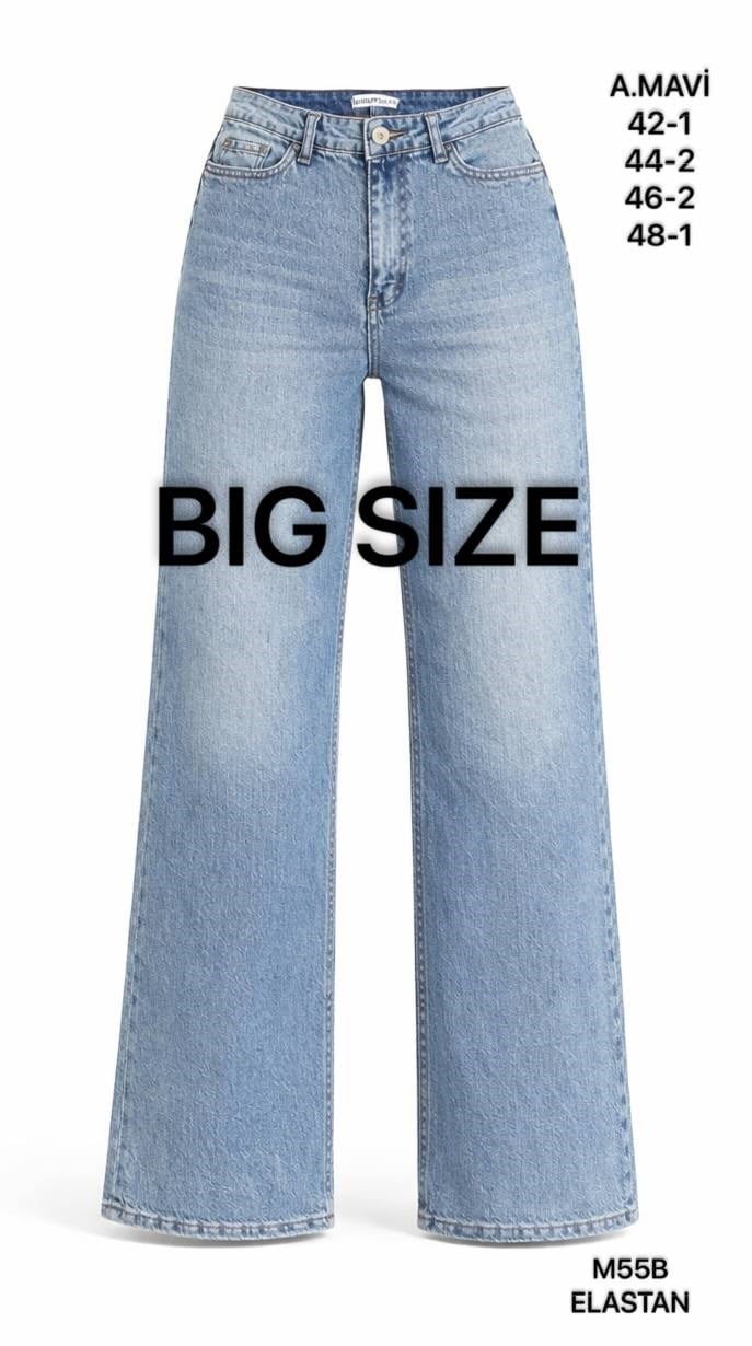 Kadın Büyük Beden Likralı Wide Leg A.Mavi Denim Pantolon-M55B