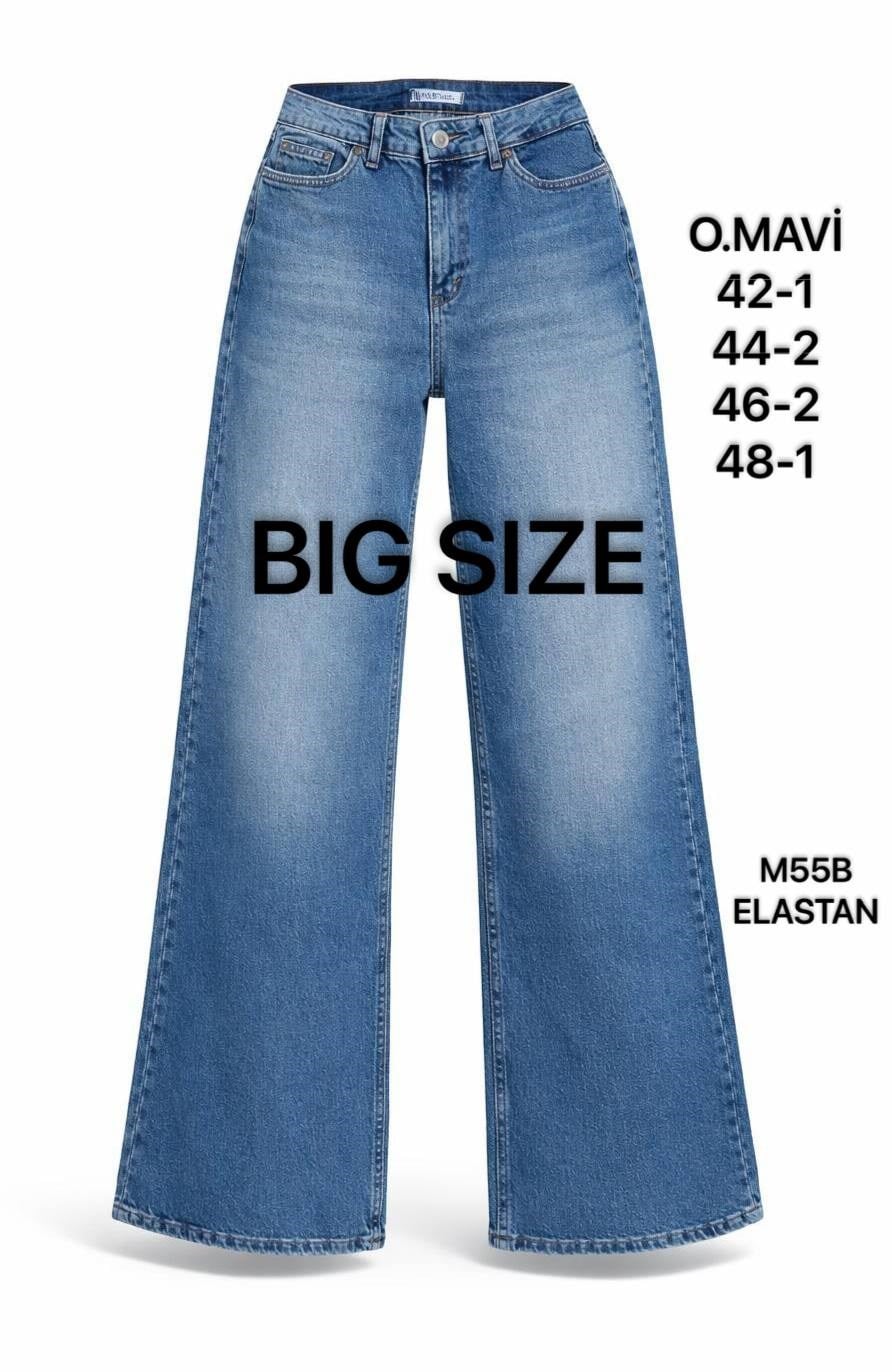 Kadın Büyük Beden Likralı Wide Leg Mavi Denim Pantolon-M55B