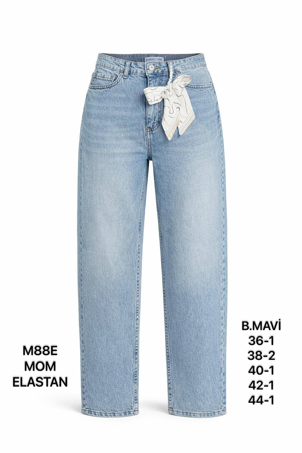 Kadın Buz Mavi Dantel Kemer Detaylı Yüksek Bel Mom Fit Jean Pantolon-26Y01M88E-5